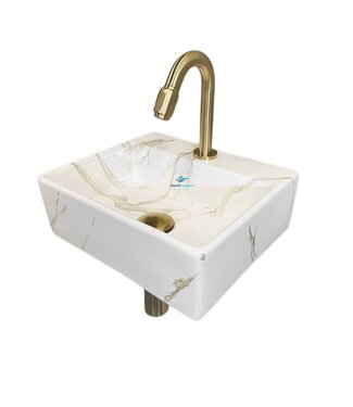 Wiesbaden Wiesbaden Fonteinset Toilet Leto Carrara met Mat Goud - 33x29x11 cm - Marmerlook