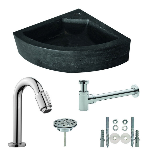 Fonteinset Toilet Hardstenen hoekfontein 30x30x10 Chroom