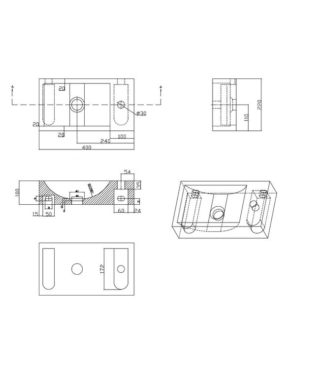 Fonteinset Toilet Hardsteen Rechts 40x22x10 cm Chroom