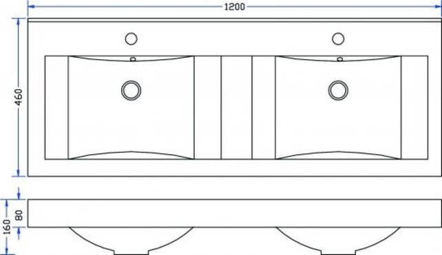 Tigris wastafel glans wit 120x46x8 cm dubbel met kraangaten kunstmarmer