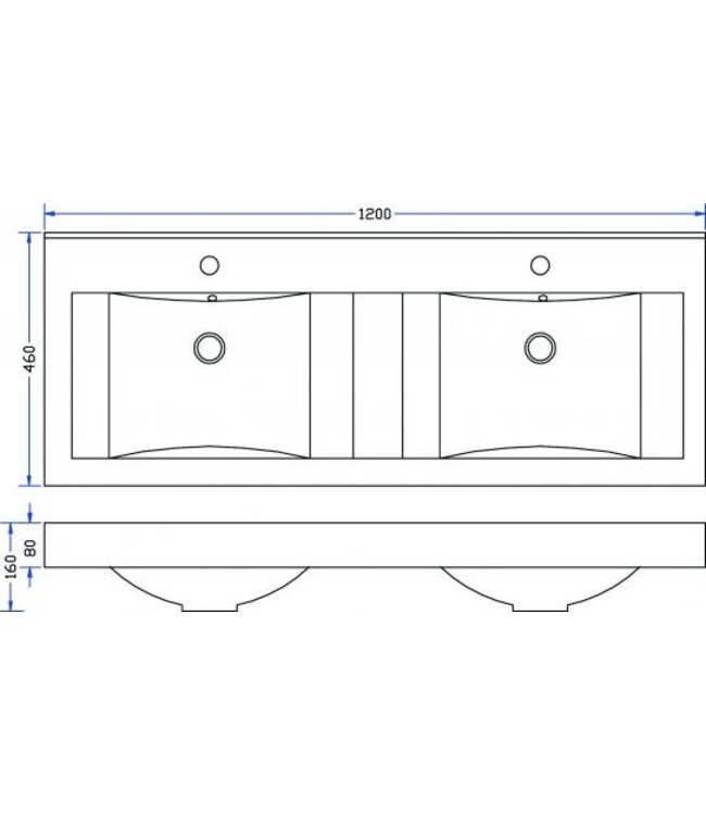 Tigris wastafel glans wit 120x46x8 cm dubbel met kraangaten kunstmarmer