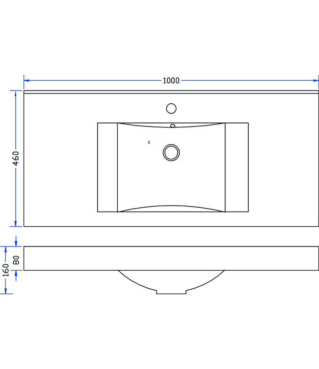 Tigris wastafel glans wit 100x46x8 cm met kraangaten kunstmarmer