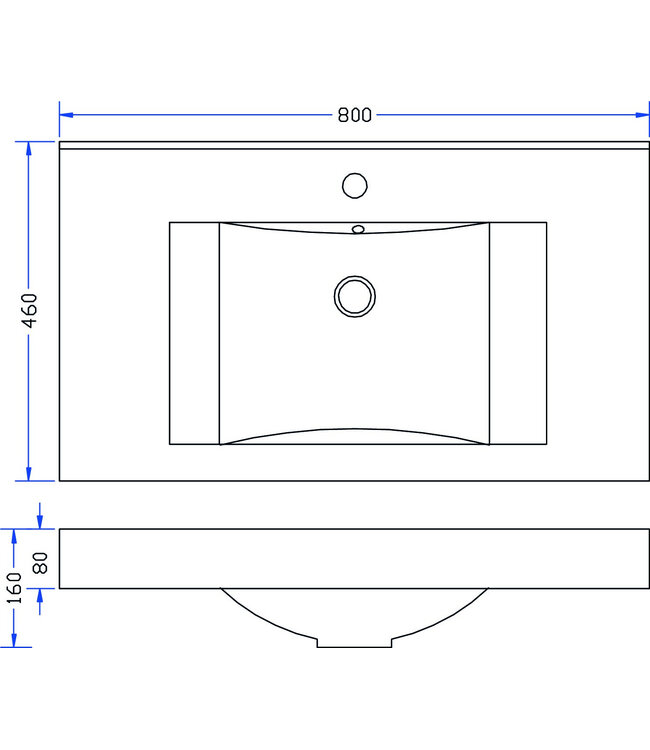 Tigris wastafel glans wit 80x46x8 cm met kraangaten kunstmarmer