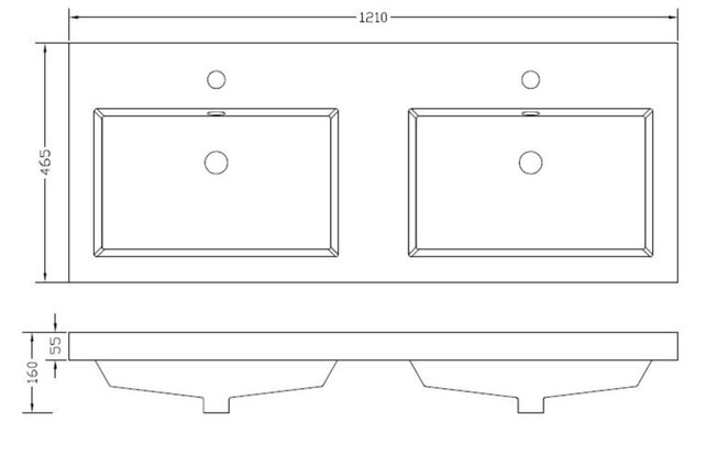 wastafel glans wit Vision 120x46x5,5 cm dubbel met kraangaten kunstmarmer