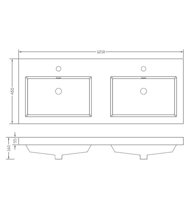 wastafel glans wit Vision 120x46x5,5 cm dubbel met kraangaten kunstmarmer