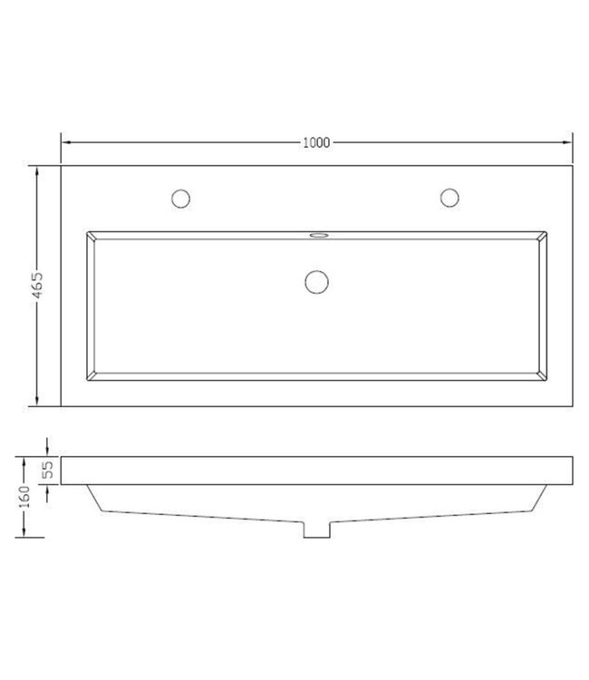Wastafel glans wit Vision 100x46x5,5 cm met 2 kraangaten kunstmarmer