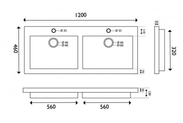 Wastafel Hardsteen Raw 120x46x5 cm dubbel met 2 kraangaten