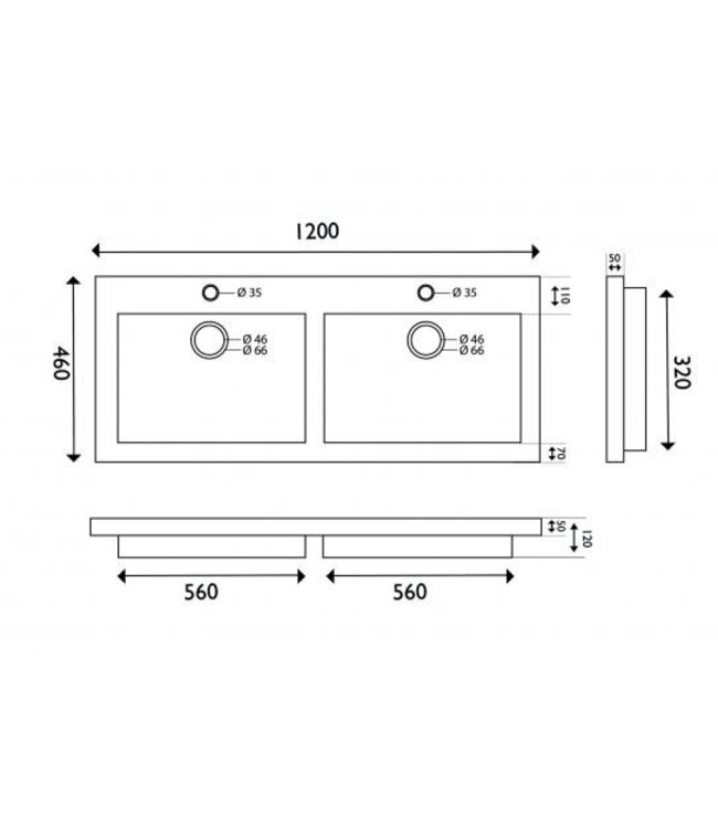 Wastafel Hardsteen Raw 120x46x5 cm dubbel met 2 kraangaten
