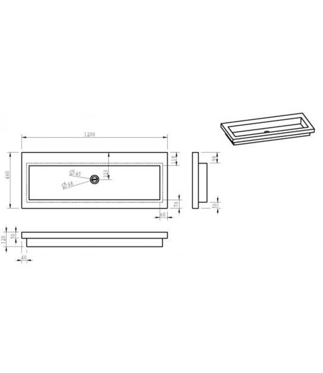 Wastafel Hardsteen Raw 120x46x5 cm enkel zonder kraangaten