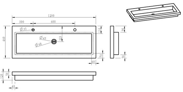 Wastafel Hardsteen Raw 120x46x5 cm enkel met 2 kraangaten