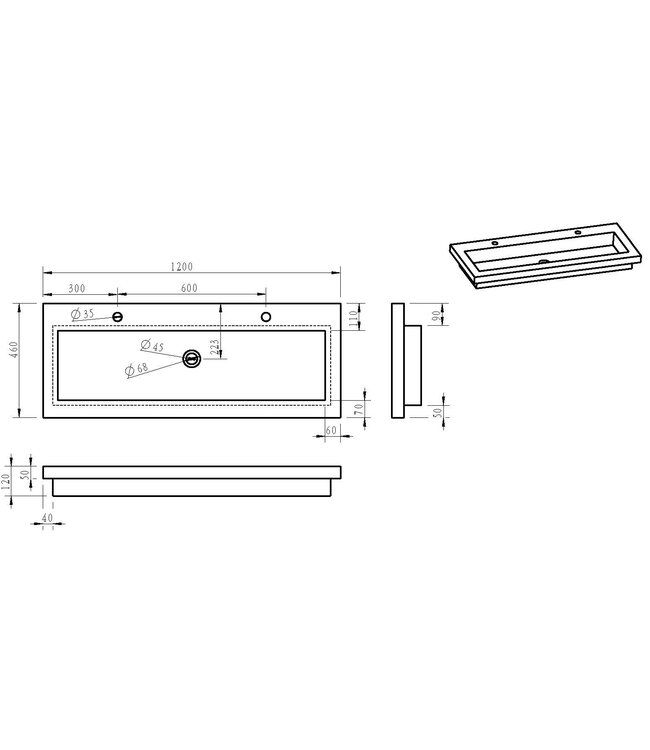 Wastafel Hardsteen Raw 120x46x5 cm enkel met 2 kraangaten