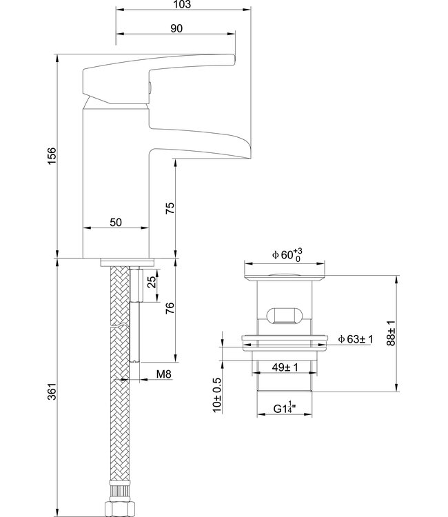 Wiesbaden Wiesbaden Rombo wastafelkraan waterval Chroom met waste - 29.4200