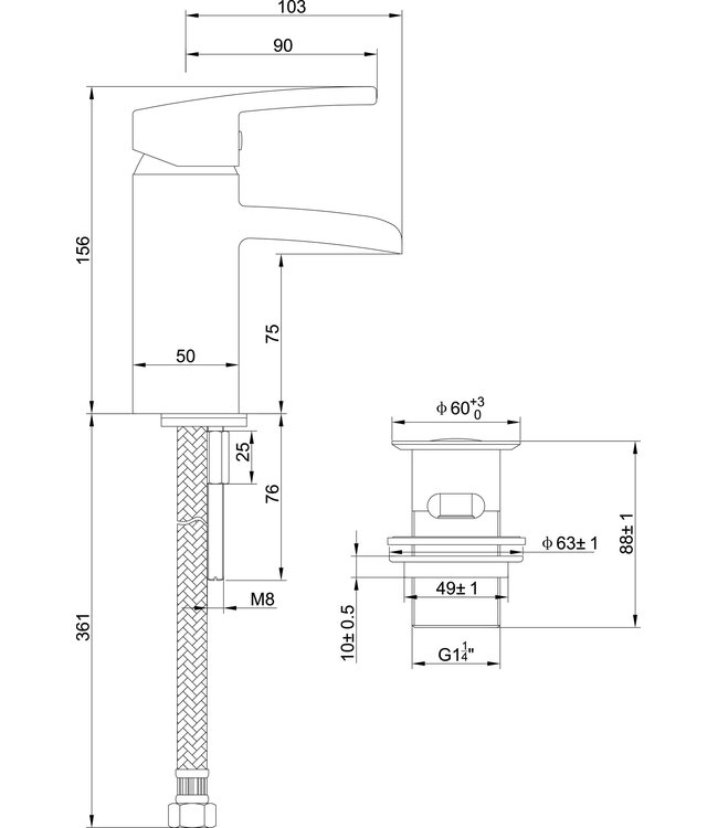Wiesbaden Rombo wastafelkraan waterval Geborsteld Staal met waste - 29.4201