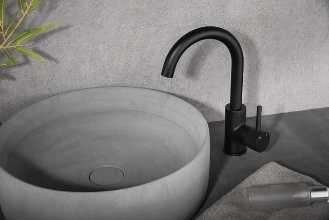 Wiesbaden Ribbd wastafelkraan Coldstart Mat Zwart draaibaar uitloop - 29.5322