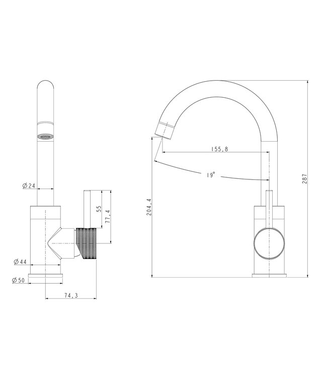 Wiesbaden Wiesbaden Ribbd wastafelkraan Coldstart Geborsteld Staal draaibaar uitloop - 29.5321