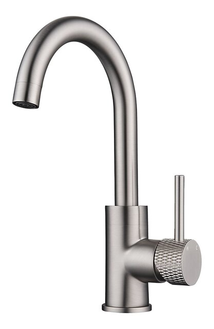 Wiesbaden Ribbd wastafelkraan Coldstart Geborsteld Staal draaibaar uitloop - 29.5321