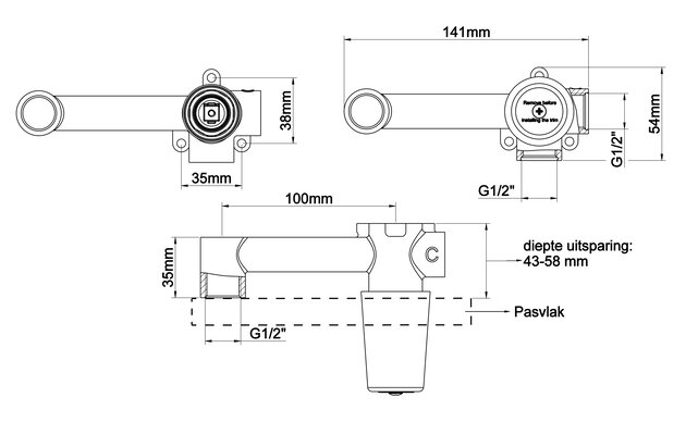 Wiesbaden Slim Twenty wastafelkraan inbouwdeel eenhendel