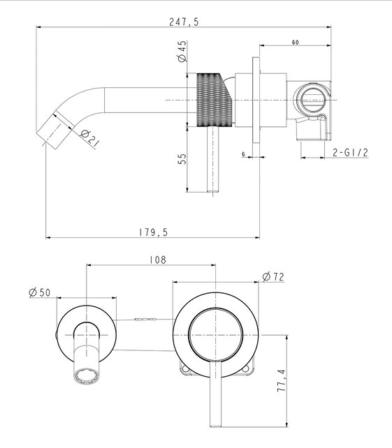 Wiesbaden Inbouw wastafelkraan Ribbd Gunmetal met coldstart eenhendel - 29.5333
