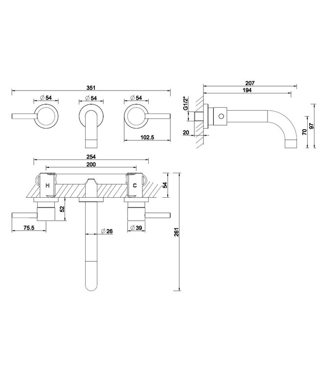 Wiesbaden Inbouw wastafelkraan Caral 2-knops afbouwdeel Chroom - 29.3110