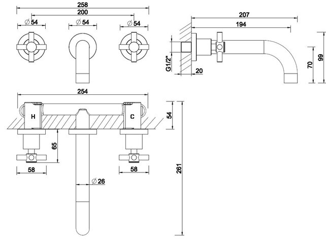 Wiesbaden Inbouw wastafelkraan Cross afbouwdeel Chroom 2-knops - 29.3112