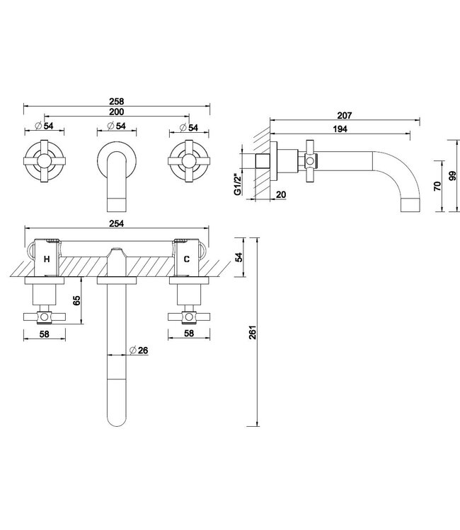 Wiesbaden Inbouw wastafelkraan Cross afbouwdeel Chroom 2-knops - 29.3112