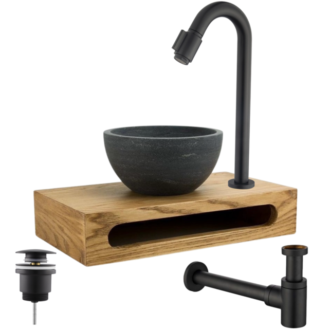 Parro Mini Toilet Fonteinset Victoria Zwart met Handdoekhouder hardsteen waskom 40x22x8cm