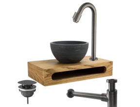 Parro Mini Toilet Fonteinset Victoria Gunmetal met Handdoekhouder hardsteen waskom 40x22x8cm