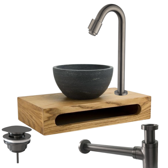 Parro Mini Toilet Fonteinset Victoria Gunmetal met Handdoekhouder hardsteen waskom 40x22x8cm