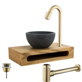 Parro Mini Toilet Fonteinset Victoria Geborsteld Goud met Handdoekhouder hardsteen waskom 40x22x8cm