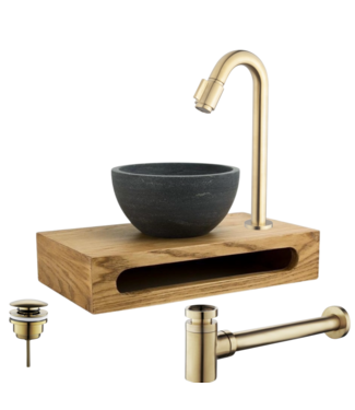 SANI-SUPPLY Parro Mini Toilet Fonteinset Victoria Geborsteld Goud met Handdoekhouder hardsteen waskom 40x22x8cm