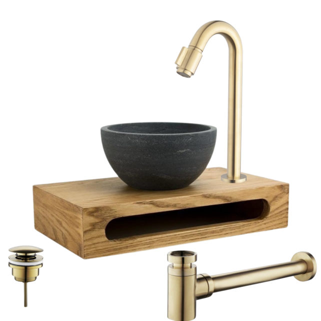 Parro Mini Toilet Fonteinset Victoria Geborsteld Goud met Handdoekhouder hardsteen waskom 40x22x8cm Parro Mini Toilet Fonteinset Victoria Geborsteld Goud met Handdoekhouder hardsteen waskom 40x22x8cm