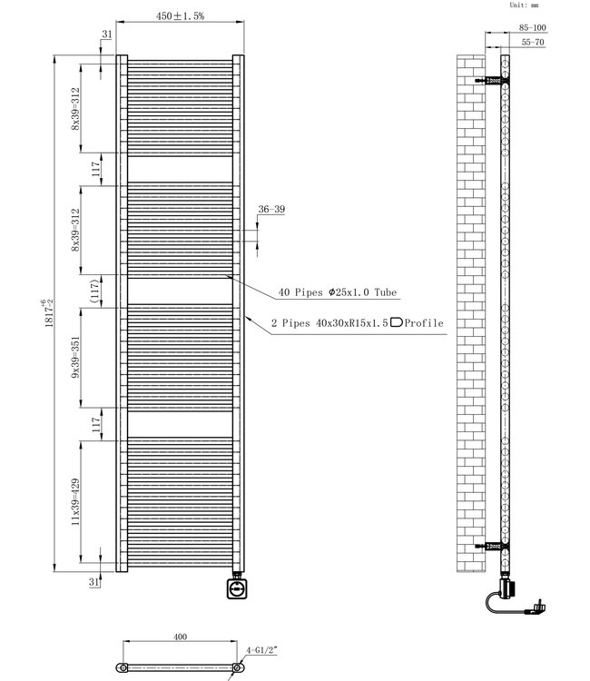 Elara elektrische radiator Smart WiFi 180x45cm Wit 1000 Watt