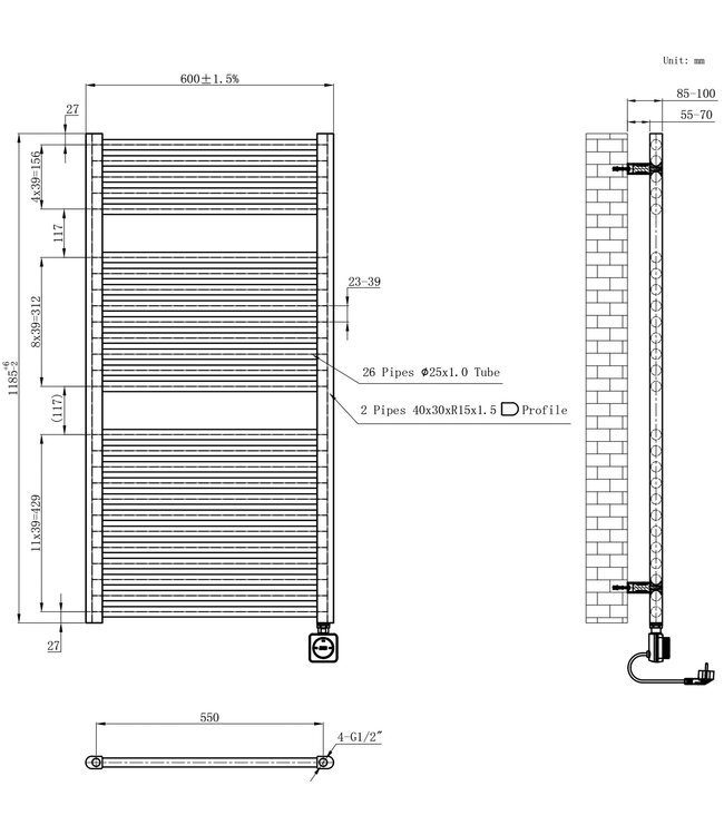 Elara elektrische radiator Smart WiFi 118x60cm Mat Zwart 700 Watt