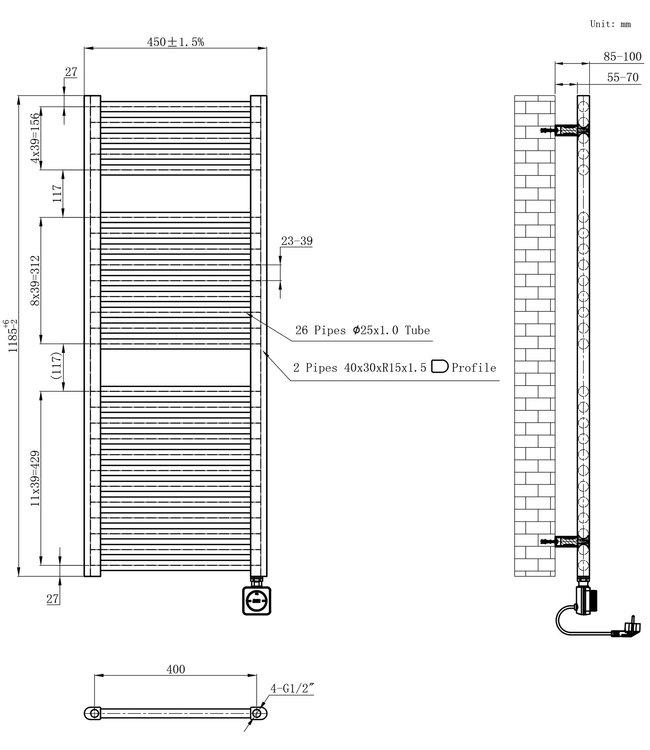 Wiesbaden Wiesbaden Elara elektrische radiator Smart WiFi 118x45cm Wit 700 Watt
