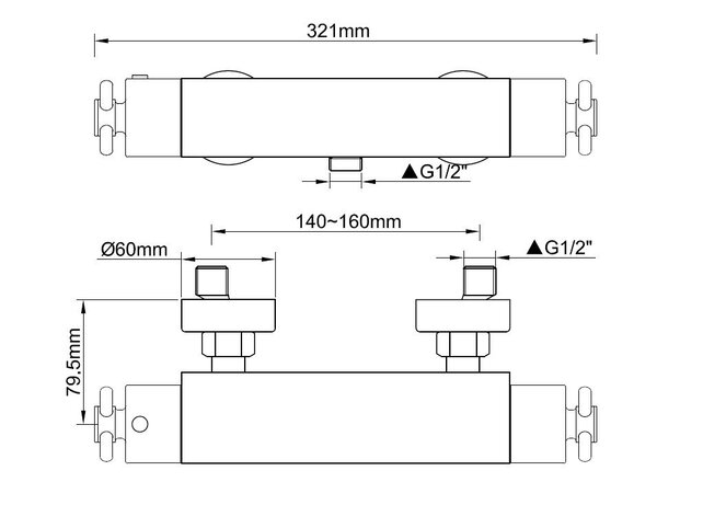 Wiesbaden Douchekraan Cross Cool touch Chroom - 29.3937- thermostatische douchemengkraan met kruisgrepen 15-HoH