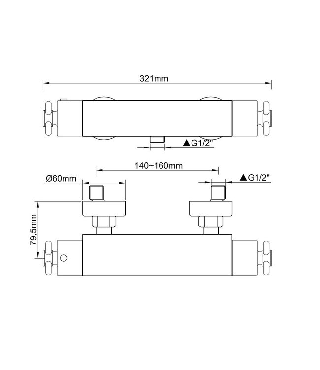 Wiesbaden Douchekraan Cross Cool touch Chroom - 29.3937- thermostatische douchemengkraan met kruisgrepen 15-HoH
