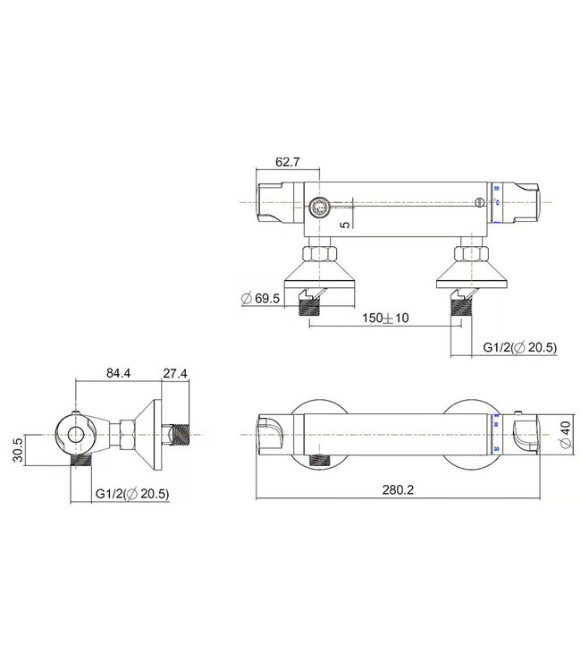 Xellanz Universele Thermostatische Douchekraan Chroom 15-HoH - 23.3605