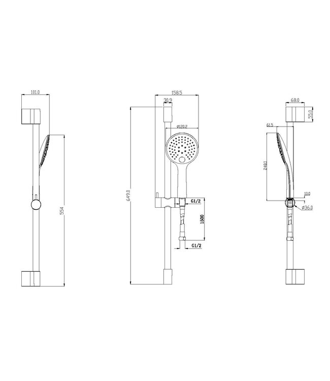 Douchestang Set Rain Mat Zwart glijstang 65cm met handdouche en Doucheslang - 29.3620