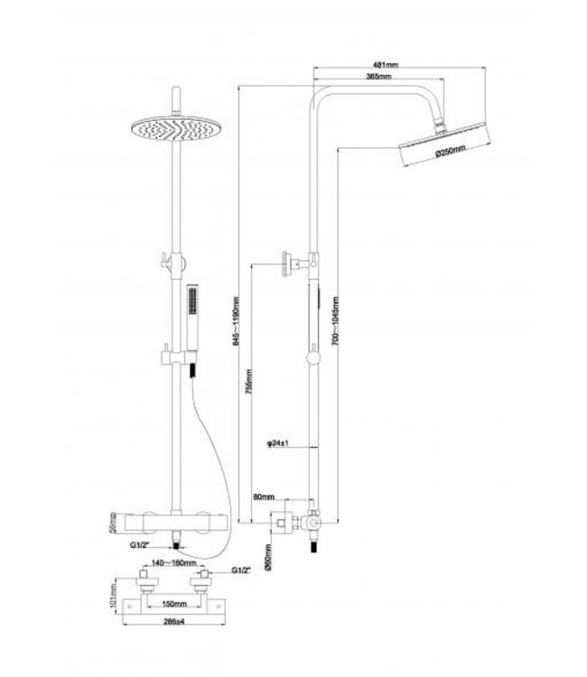 Wiesbaden Caral Opbouw Doucheset met thermostaatkraan Mat Zwart regendouche 25cm - 29.2956