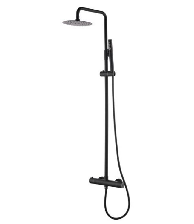 Wiesbaden 304 Opbouw Doucheset Mat Zwart met thermostaatkraan regendouche 25cm - 24.3725