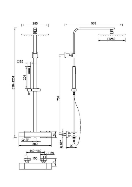 Rombo Opbouw Doucheset met thermostaatkraan Chroom vierkante regendouche 25cm - 29.3969