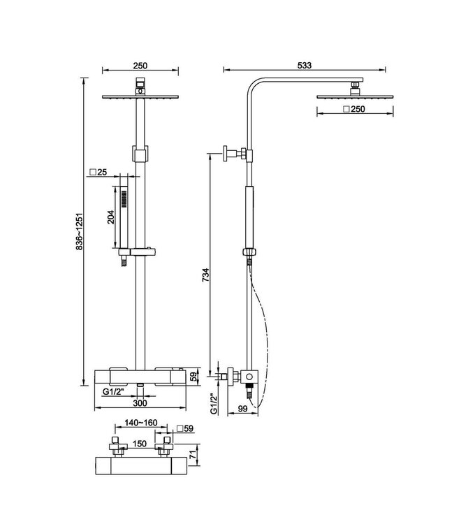 Wiesbaden Rombo Opbouw Doucheset met thermostaatkraan Chroom vierkante regendouche 25cm - 29.3969