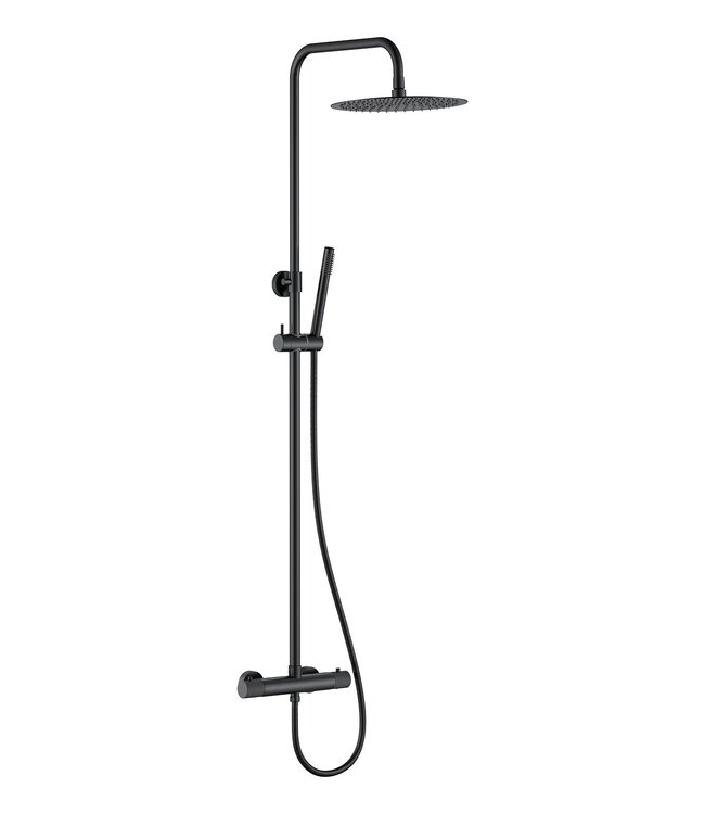 Wiesbaden Opbouw Doucheset Ribbd Mat Zwart met thermostaatkraan regendouche 25cm - 29.2968