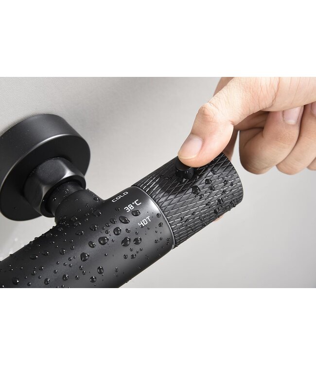 Wiesbaden Opbouw Doucheset Ribbd Mat Zwart met thermostaatkraan regendouche 25cm - 29.2968