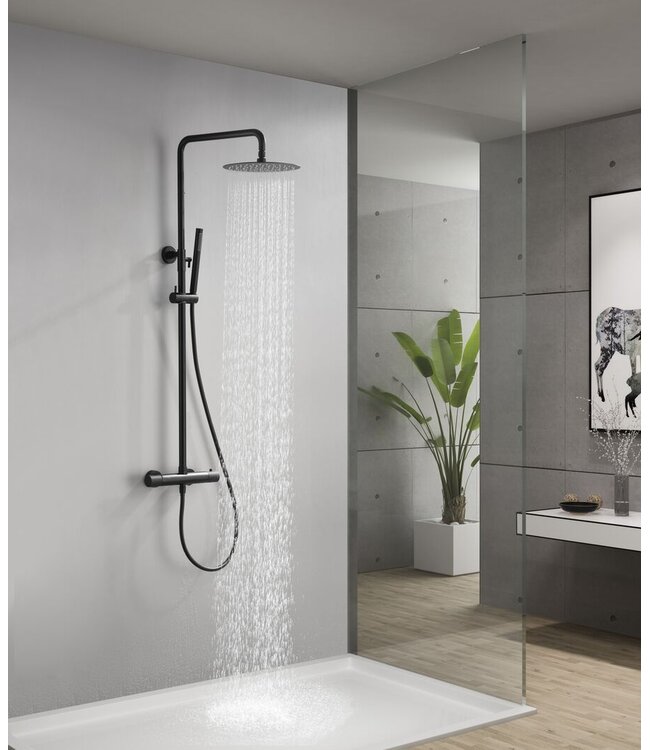 Wiesbaden Opbouw Doucheset Ribbd Mat Zwart met thermostaatkraan regendouche 25cm - 29.2968