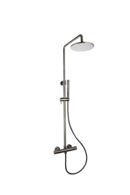 Opbouw Doucheset met thermostaatkraan Ribbed Gunmetal regendouche 25cm