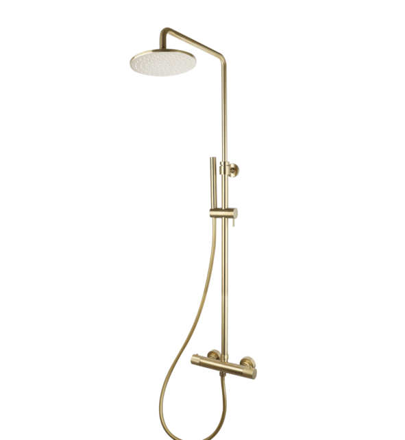 Opbouw Doucheset met thermostaatkraan Ribbed Geborsteld Goud regendouche 25cm