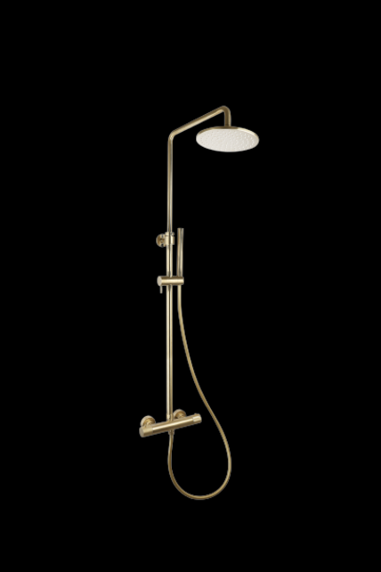 Opbouw Doucheset met thermostaatkraan Ribbed Geborsteld Goud regendouche 25cm