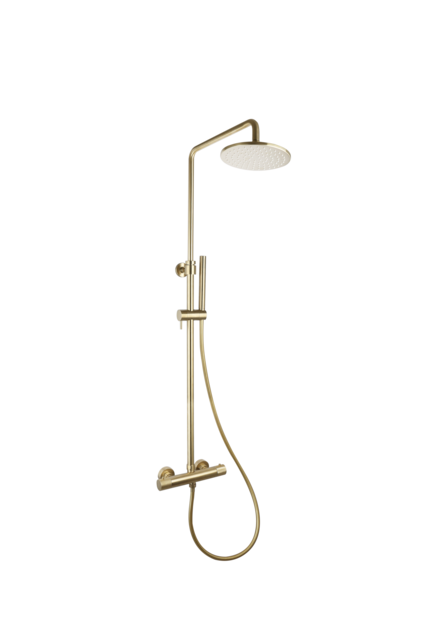 Opbouw Doucheset met thermostaatkraan Ribbed Geborsteld Goud regendouche 25cm
