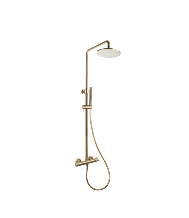 Opbouw Doucheset met thermostaatkraan Ribbed Geborsteld Goud regendouche 25cm
